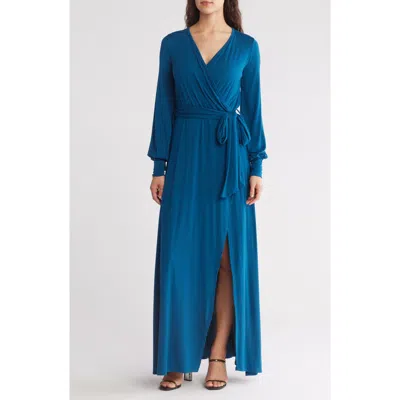 Go Couture Long Sleeve Maxi Wrap Dress In Blue