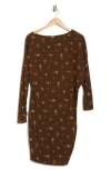 Go Couture Long Sleeve Sheath Dress In Brown Floral Rib Print