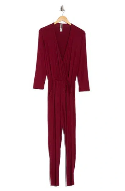 Go Couture Long Sleeve Tie Waist Jumpsuit In Burgundy