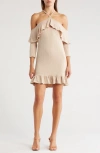 Go Couture Off The Shoulder Halter Strap Minidress In Sand