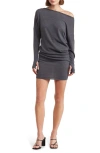 Go Couture One-shoulder Long Sleeve Jersey Dress In Charcoal
