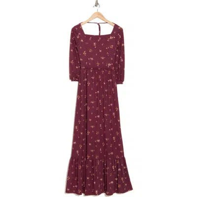 Go Couture Prairie Ribbed Knit Maxi Dress In Maroon Floral Rib Print