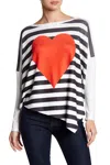 Go Couture Printed Asymmetrical Hem Dolman Sweater In Ivory Red Heart Stripes