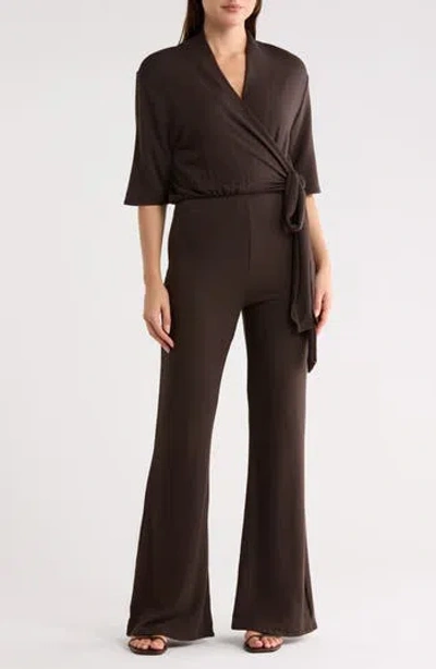 Go Couture Short Sleeve Faux Wrap Jumpsuit In Brown