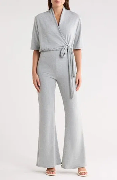 Go Couture Short Sleeve Faux Wrap Jumpsuit In Gray