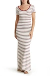 Go Couture Stripe Short Sleeve Rib Maxi Dress In Ivory/maroon Stripe