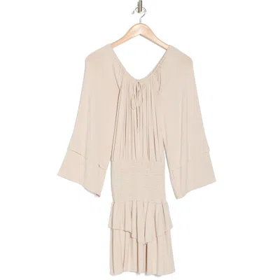 Go Couture Tiered Long Sleeve Off The Shoulder Dress In Sand