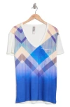 Go Couture V-neck Pocket T-shirt In White Argyle Blue Dip Print