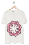 Go Couture V-neck Pocket T-shirt In White Pink Floral Wreath Print