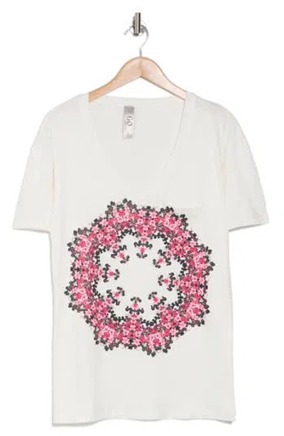 Go Couture V-neck Pocket T-shirt In White Pink Floral Wreath Print
