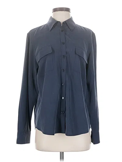 Pre-owned Go Silk Long Sleeve Silk Top Blue Collared Neckline Tops