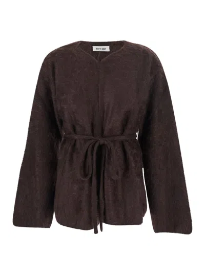 Goat Brown Cardigan With V Neck And Front Belt Closure In Cashmere Woman