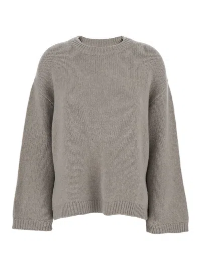 Goat Grey Crewneck Knit Sweater With Dropped Shoulders In Cashmere Woman