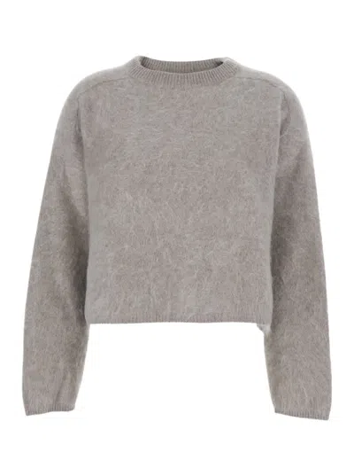 Goat Grey Cropped Crewneck Sweater With Brushed Effect In Cashmere Woman In Gray
