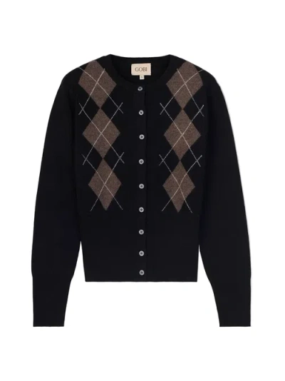 Gobi Cashmere Cashmere Argyle Cardigan In Black