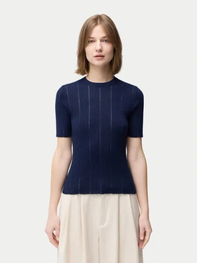 Gobi Mongolian Cashmere Ajour-knit Cashmere Silk Top In Mood Indigo