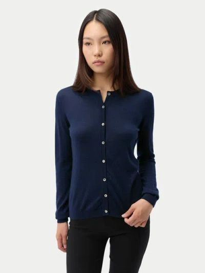 Gobi Mongolian Cashmere Cashmere-silk Crew Neck Cardigan In Blue