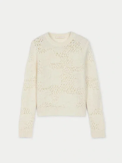 Gobi Mongolian Cashmere Floral Pattern Ajour-knit Cashmere Sweater In Off White