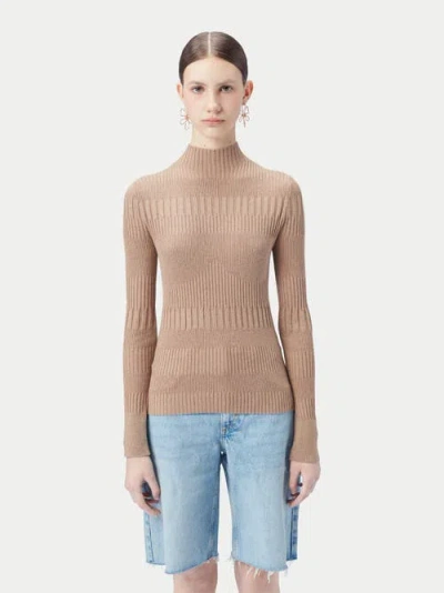 Gobi Mongolian Cashmere High-neck Ribbed Cotton Silk Cashmere Blend Sweater In Timber Wolf