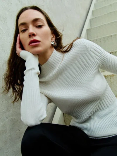 Gobi Mongolian Cashmere High-neck Ribbed Cotton Silk Cashmere Blend Sweater In Whisper White