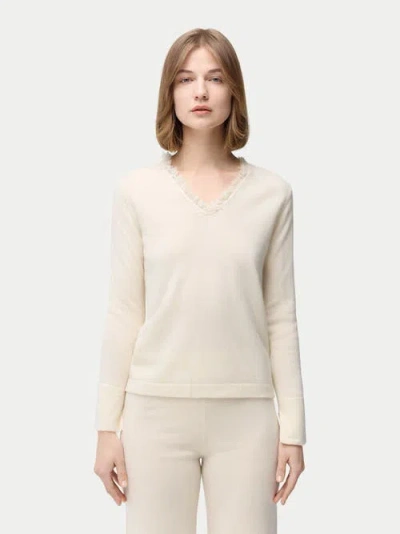 Gobi Mongolian Cashmere Organic Colour Fringed V-neck Cashmere Sweater In White