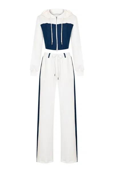 Goc Denim Blue Denim Detail Cotton Tracksuit Set With Two-way Zipper – White