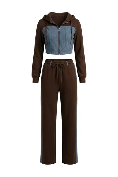 Goc Denim Brown / Blue Denim Detail Cotton Tracksuit Set With Two Way Zipper –  Brown