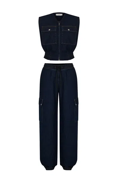Goc Denim Denim Cargo Set With Cropped Vest - Navyblue In Blue