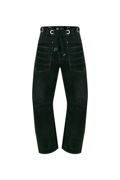 Goc Denim Flocked Pull-on Barrel Jeans – Green In Black