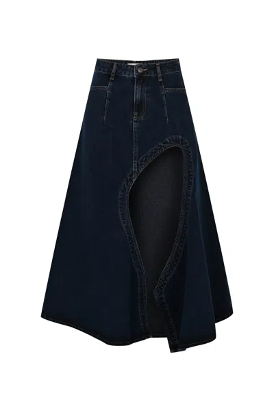 Goc Denim Women's Blue Denim Maxi Skirt With High Slit - Dark Indigo In Black