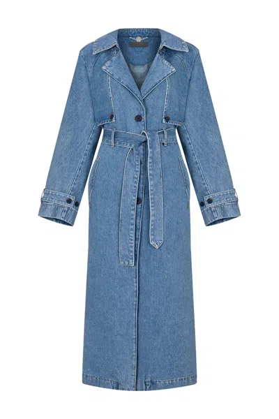 Goc Denim Women's Blue Oversized Denim Trench Coat - Classic Washed