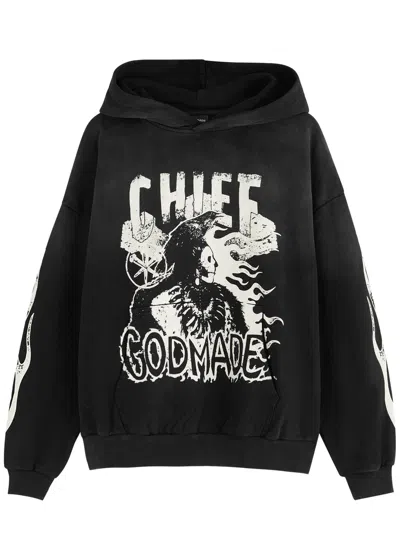 God Made Cheif Printed Hooded Cotton Sweatshirt In Black