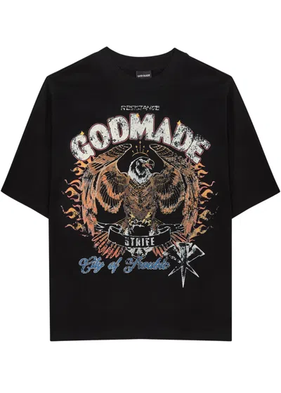 God Made City Of Trouble Printed Cotton T-shirt In Black