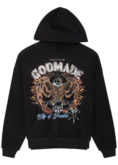 God Made City Of Trouble Printed Hooded Cotton Sweatshirt In Black