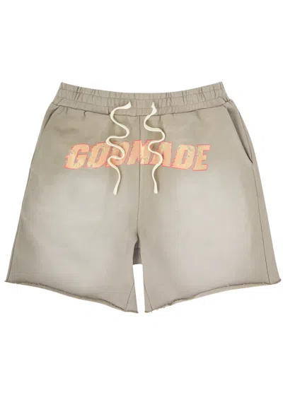 God Made Fire Logo-print Cotton Shorts In Grey