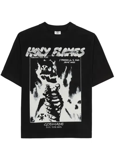 God Made Holy Flames Printed Cotton T-shirt In Black