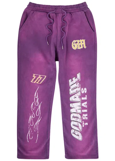 God Made Retribution Printed Cotton Sweatpants In Purple