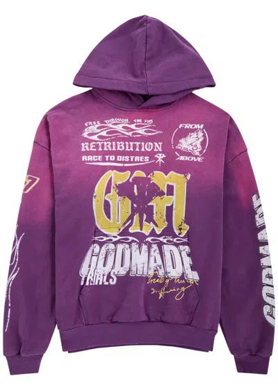 God Made Retribution Printed Hooded Cotton Sweatshirt In Purple