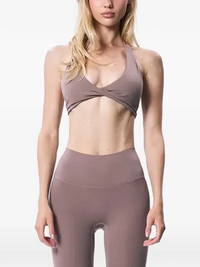 God Save Queens Twist-front Halterneck Crop Top In Brown