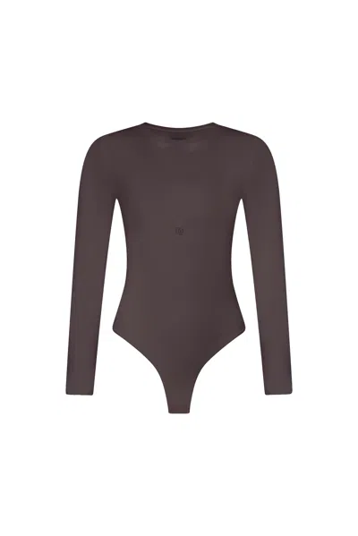 God Save Queens Women's Brown Second Skin Long Sleeve Crew-neck Bodysuit Doppio