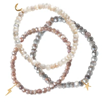 Goddess Charms Women's Neutrals / Gold Moon Stone Bracelet - Stack Of Three In Multi