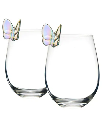 Godinger Set Of 2 Butterfly Iridescent Stemless Wine Glasses In Transparent