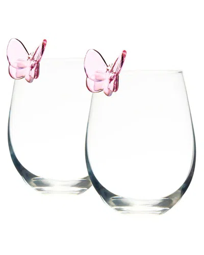 Godinger Set Of 2 Butterfly Stemless Wine Glasses In Transparent