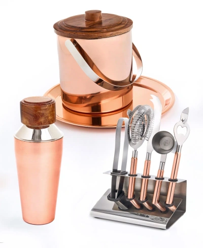 Godinger Copper 9 Piece Stainless Bar Set Crafted From High Quality Stainless With Acacia Wood Accents In Orange