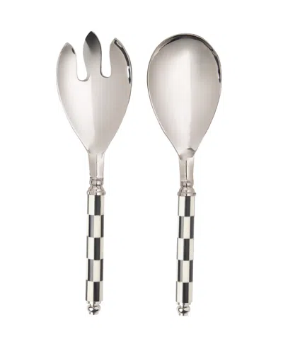 Godinger Signature Collection Stainless Steel Salad Servers With Black Resin Checkered Border In White