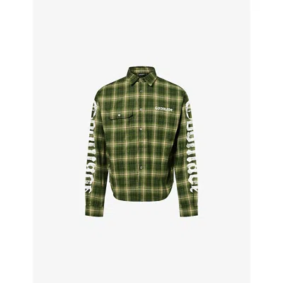 Godmade Mens Green Broken Script Long-sleeve Cotton Flannel Shirt