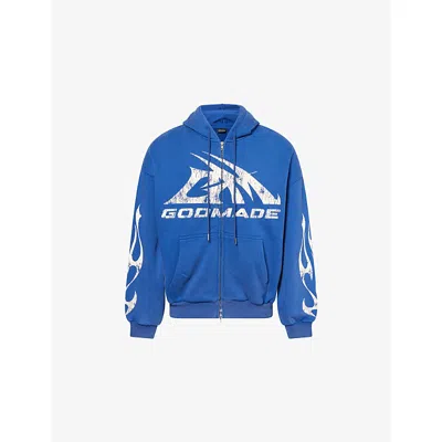 Godmade Mens  Graphic-print Washed Cotton Hoody In Blue