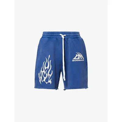 Godmade Mens Washed Blue Logo-print Raw-edge Cotton-jersey Shorts