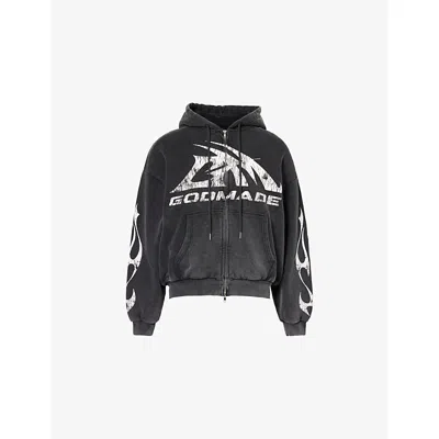 Godmade Mens Grey Graphic-print Washed Cotton Hoody In Black