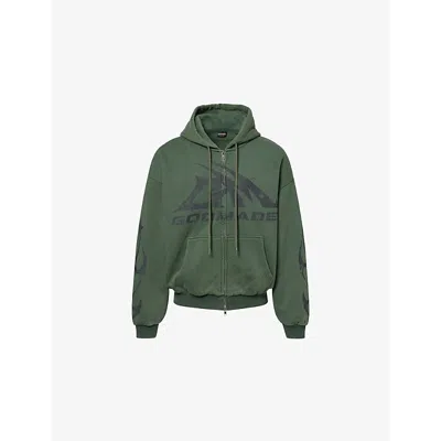 Godmade Mens Khaki Brand-print Washed Cotton-jersey Hoodie In Green